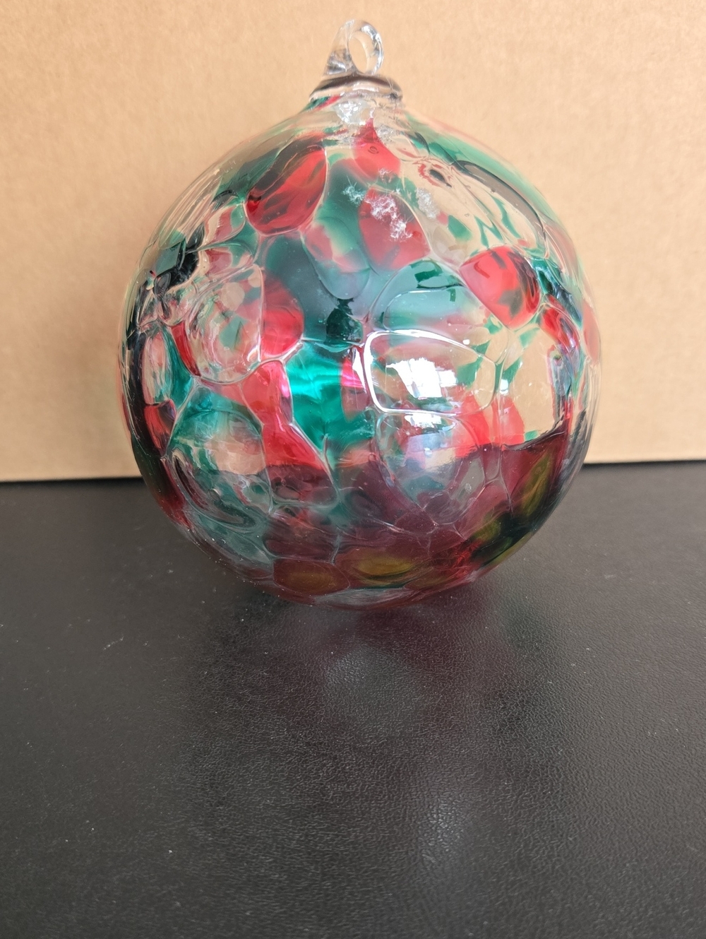 Handblown Glass Art Sphere Ornament - Green & Red
